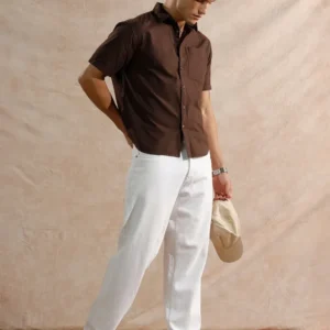 Men’s Solid Coffee Brown Casual Short Sleeve Shirt