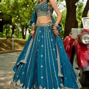 Elegant Teal Blue Embroidered Lehenga Choli Set – Radiate Grace and Grandeur